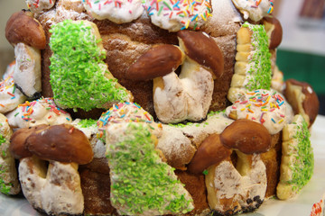 Set of butter cookies. Beautiful brown cap boletus on cake