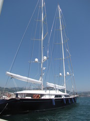 Luxury sailing yacht. Europe. Italy. Ligurian sea. Marina of the Specia maritime city. Summer 2015.  