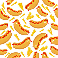 Pattern with many hot-dogs and French fries. Vector illustration isolated on white background.