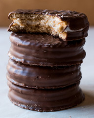 Stack of Bitten Chocolate Covered Marshmallow Biscuits