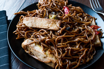 Veggie Noodle with Tofu and Red Peppers on Black Plate