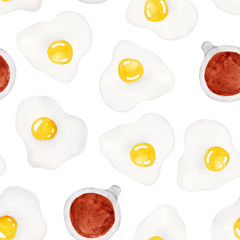 Wattercolor egg and coffee pattern. Breakfast. For design, card, print or background