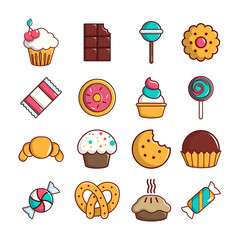 Sweets candy cakes icons set, cartoon style
