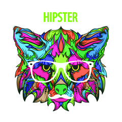 Ornament face of hipster fox with white eyeglasses and mustache, vector illustration isolated on white background