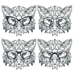 Ornament set of foxes with different eyeglasses in black and white version, vector illustration isolated on white background