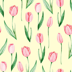Watercolor tulips pattern. International women's day. For design, card, print or background