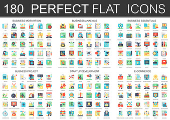 180 vector complex flat icons concept symbols of business motivation, analysis, essentials, business project, startup development and e commerce. Web infographic icon design.