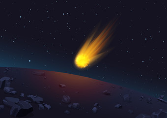 Vector illustration of glowing comet falling to planet in space.