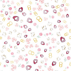Valentines day background with hearts, wedding rings, roses