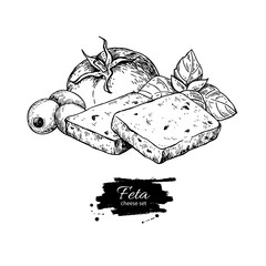 Greek feta cheese block slice drawing. Vector hand drawn food sk