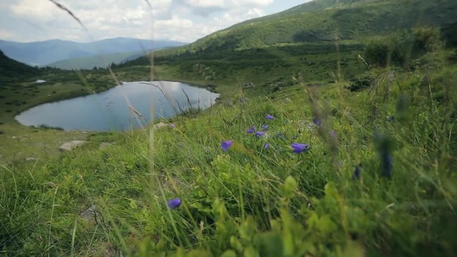 Beautiful extreme long shot of the mountain lake in the Carpathians mountains