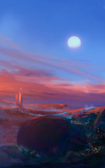 drawing of a landscape of a planet against a background of red hills