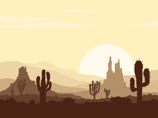 Landscape with sunset in stone desert with cactuses and mountains. Raster illustration. 