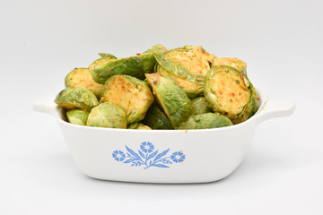 Seasoned Brussel Sprouts in a White Dish
