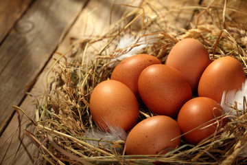 Hen organic eggs in the nest. On wooden rustic background.Copy space
