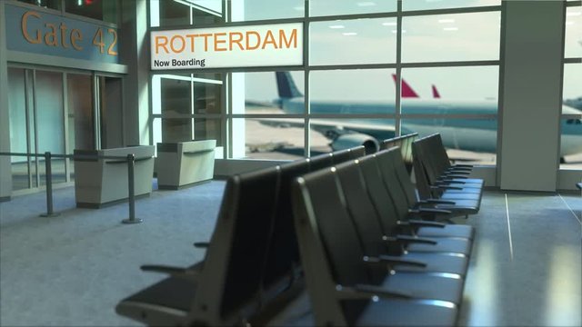 Rotterdam flight boarding now in the airport terminal. Travelling to Netherlands conceptual intro animation, 3D rendering