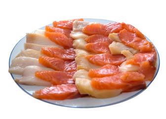 Dish of red fish on a white background.