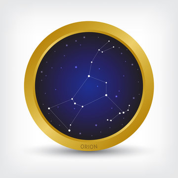 Orion constellation in golden circle, group of star in galaxy, vector illustration