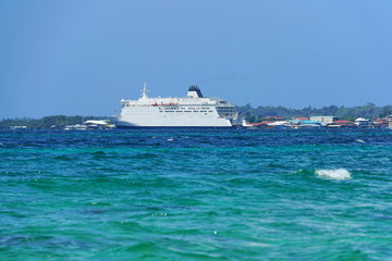 Fototapeta na wymiar A large ferry boat in Bocas del Toro offer transportation to Colon City to Isla Colon, Caribbean sea, Panama, Central America
