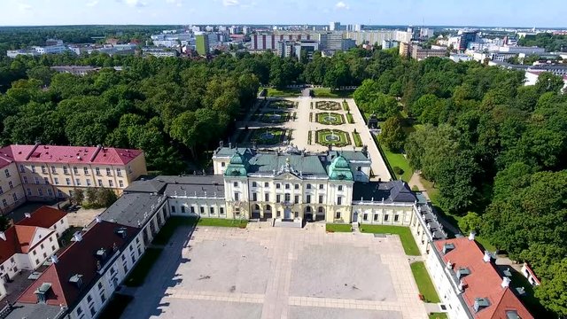 Aerial flight over the Branicki palace and gardens in Bialystok, Podlasie, Poland.
