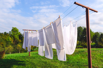 Linen hanging on the clothesline and dried