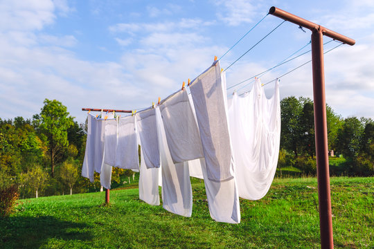 Linen hanging on the clothesline and dried