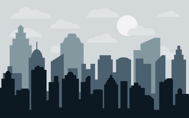 Obraz premium Abstract city building skyline with road and grass. Buildings silhouette. Urban Landscape. Cityscape background in flat style. Modern city landscape.