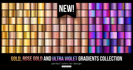 Trend ultra violet, gold, bronze metal gradients collection. Vector illustration