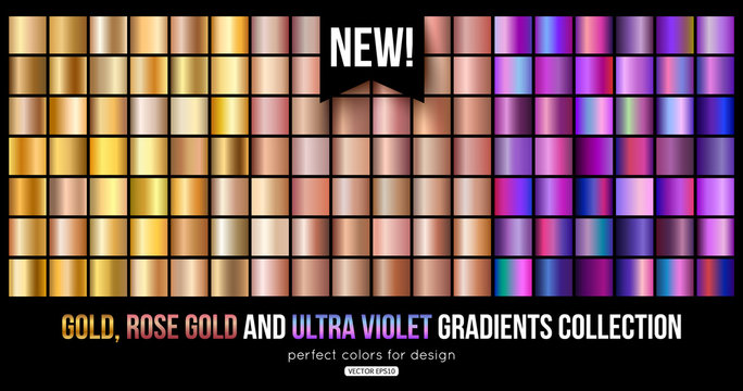 Trend ultra violet, gold, bronze metal gradients collection. Vector illustration