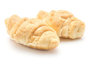 Two baked croissants or cornetto isolated on white background.