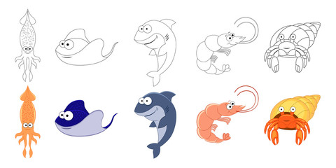 Cartoon sea animals set. Coloring book pages for kids. Squid, stingray, shark, shrimp, hermit crab.