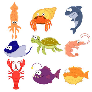 Big vector set of sea creatures. Cute cartoon animals. Vector illustration. Underwoter animals. Sea animals. Shark,  turtle, crab,lobster, stringray, squid.