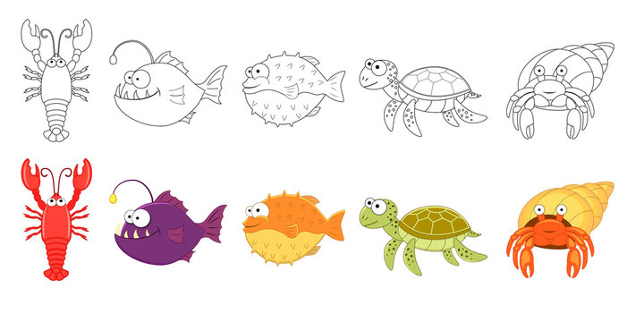 Cartoon sea animals set. Coloring book pages for kids. Lobster, anglerfish, puffer, sea turtle, hermit crab.