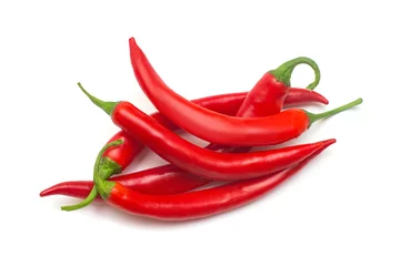 Fotobehang Red chili peppers isolated on white background. Creative spicy sharp. Flat lay, top view © Flower Studio