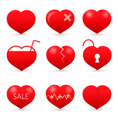 Set of nine red hearts isolated on white background. . Valentine’s day vector collection. Love story symbol. Health medical flat icon. Easy to edit design template.