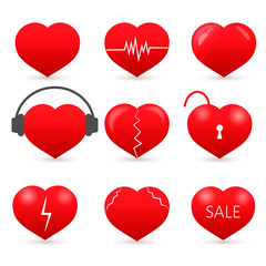 Set of nine red hearts isolated on white background. . Valentine’s day vector collection. Love story symbol. Health medical flat icon. Easy to edit design template.