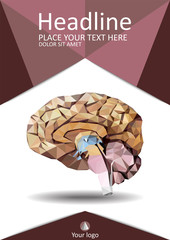 Realistic human brain in low poly. Cover  template of dissected brain. Book, banner. Cerebrum, epithalamus brainstem, cerebellum, cortex, thalamus, hippocampus, lobes. Vector