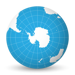 Earth globe with green world map and blue seas and oceans focused on Antarctica with South Pole. With thin white meridians and parallels. 3D vector illustration. © pyty