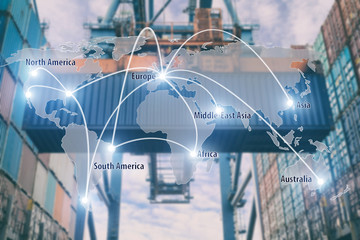 Network connection partnership logistics and world map with port in background.Network connection logistics technology concept (Elements of this image furnished by NASA)