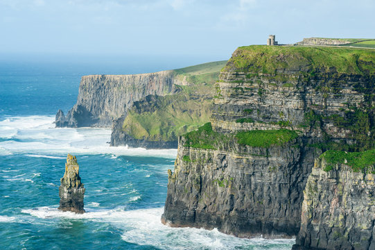 O'Brien's Tower on The Cliffs of Moher, Irelands Most Visited Natural Tourist Attraction, are sea cliffs located at the southwestern edge of the Burren region in County Clare, Ireland.