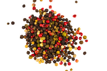 Black, red and white peppercorns isolated on white background. Heap of spice. Mix of different peppers