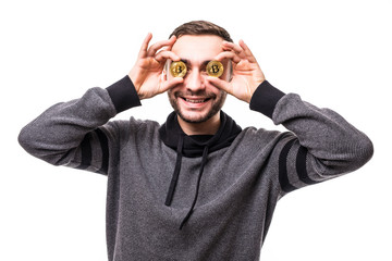 Fototapeta premium Close up of man with bitcoins in his eyes pointing fingers isolated over white background