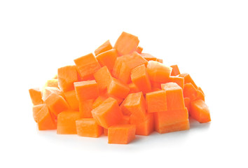 Heap of carrot slices on white background