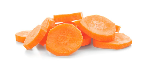 Fototapeta na wymiar Heap of carrot slices on white background
