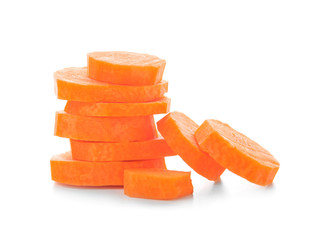 Heap of carrot slices on white background