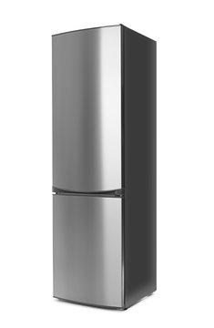 Modern refrigerator on white background