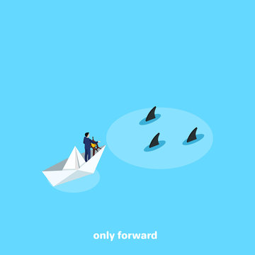 a man in a business suit sails on a paper boat to a meeting of dangers, an isometric image