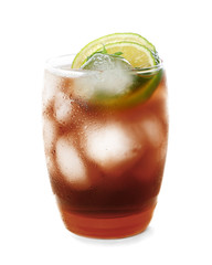 Glass of Cuba Libre cocktail on white background