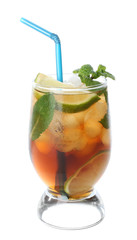 Glass of Cuba Libre cocktail on white background