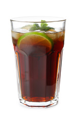 Glass of Cuba Libre cocktail on white background